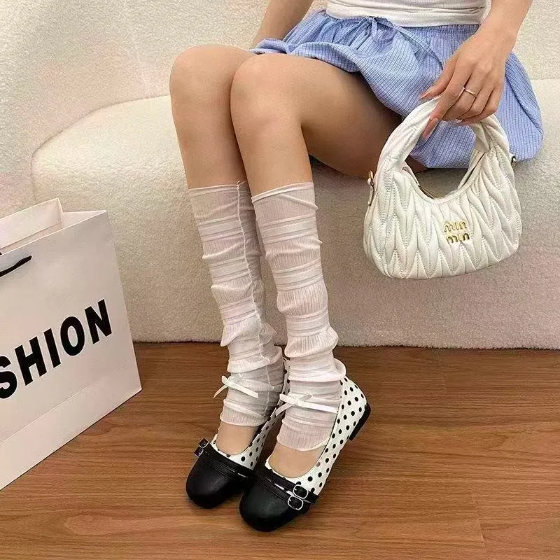 Women Polka Dot Flat Shoes Vintage Mary Jane Low Heel Cute Casual Footwear Sweet Bow Socks Matching Walking Shoes 2027
