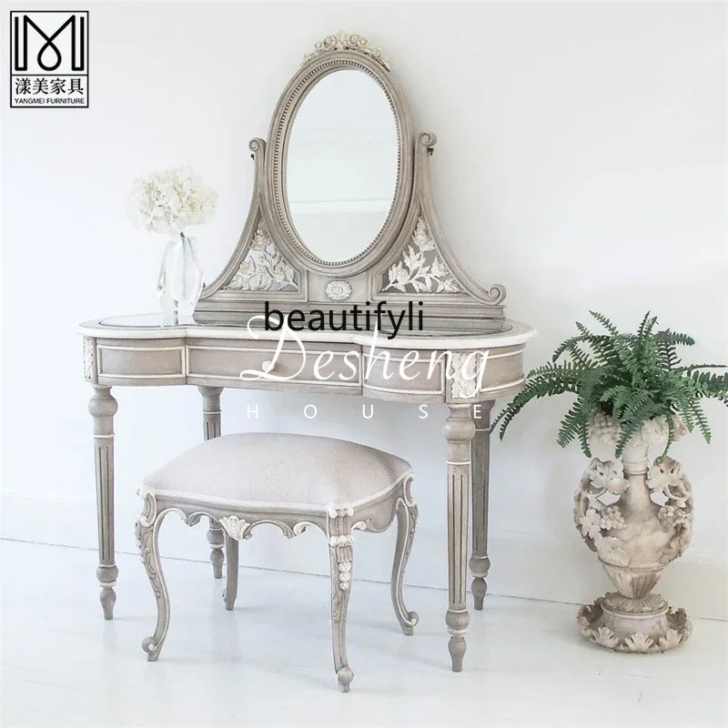 

a26 French style small apartment bedroom solid wood dresser retro leaf carving, curved dressing table