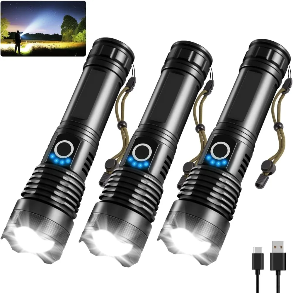 3Pack Rechargeable Flashlights 990000lm Super Bright and 5Modes LED Flashlight Rechargeable, Adjustable Powered Flash Lights