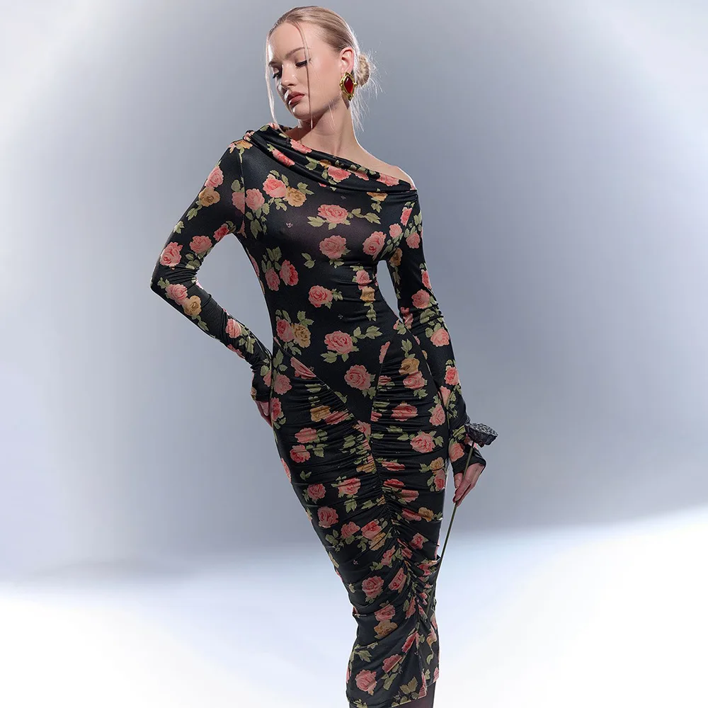 Dresses 2025 For Woman Slim Vestidos Off Shoulder Printed Evening Elegant Dress Party Holiday Vintage Temperament Trendy Fashion