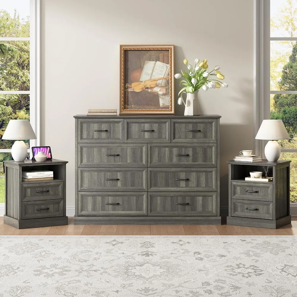 

Farmhouse Dresser and Nightstand Sets for Bedroom, 3 Pcs Bedroom Set, 9 Drawer Dresser & Nightstand Set of 2, Modern