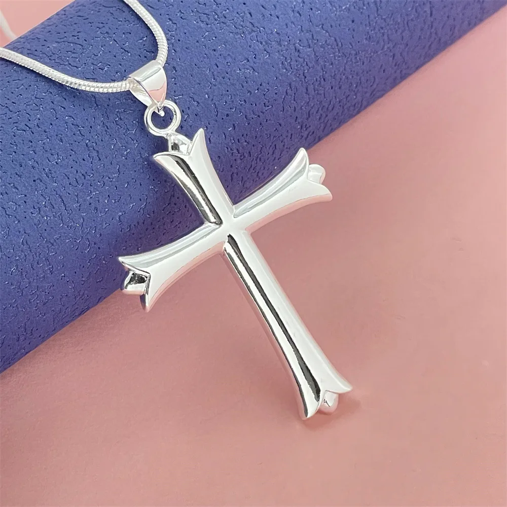 Firm Inlay 46CM Cross Pendant Snake Bone Necklace Silver & Gold S925 Sterling Silver For Women Solid Craft Durable Structure