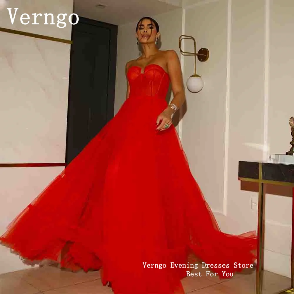 

Verngo Red Tulle Sweetheart Sleeveless Evening Dress For Women Simple A Line Floor Length Prom Dress Formal Dress