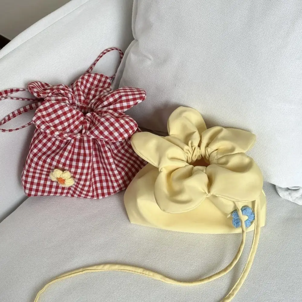 

Literary Korean Style Plaid Drawstring Bag Cute Cloth Flower Handbag Large Capacity Bundle Pocket Shoulder Bags Vacation