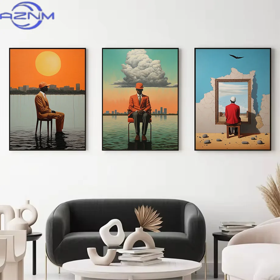 Vintage Surreal Fantasy African Black Man Inspired By Rene Magritte Poster Canvas Painting Wall Art Pictures Home Interior Decor
