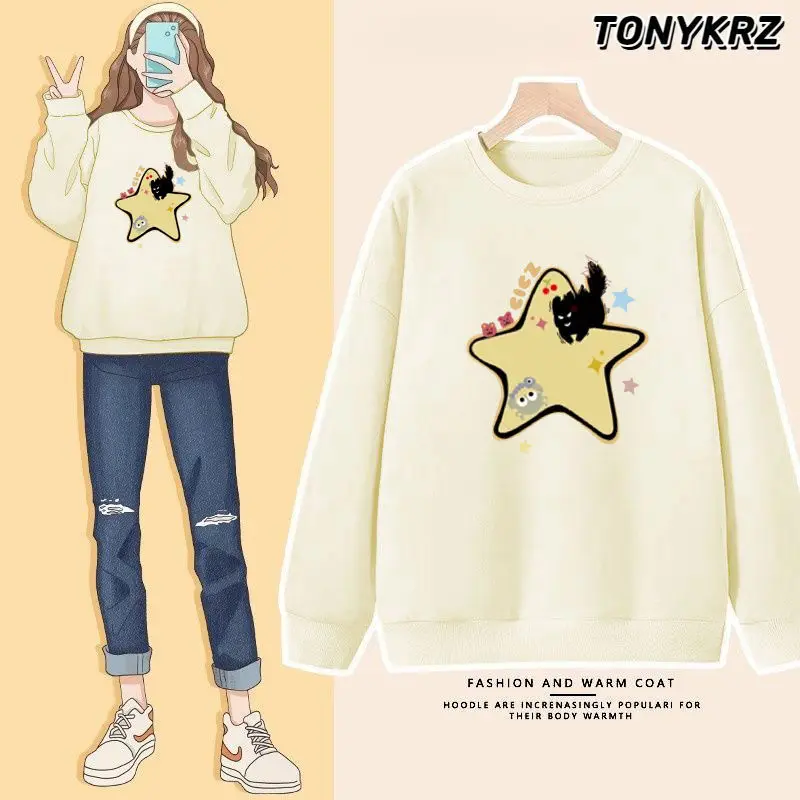 Moletom com capuz estilo preguiçoso feminino novo pulôver solto com gola redonda