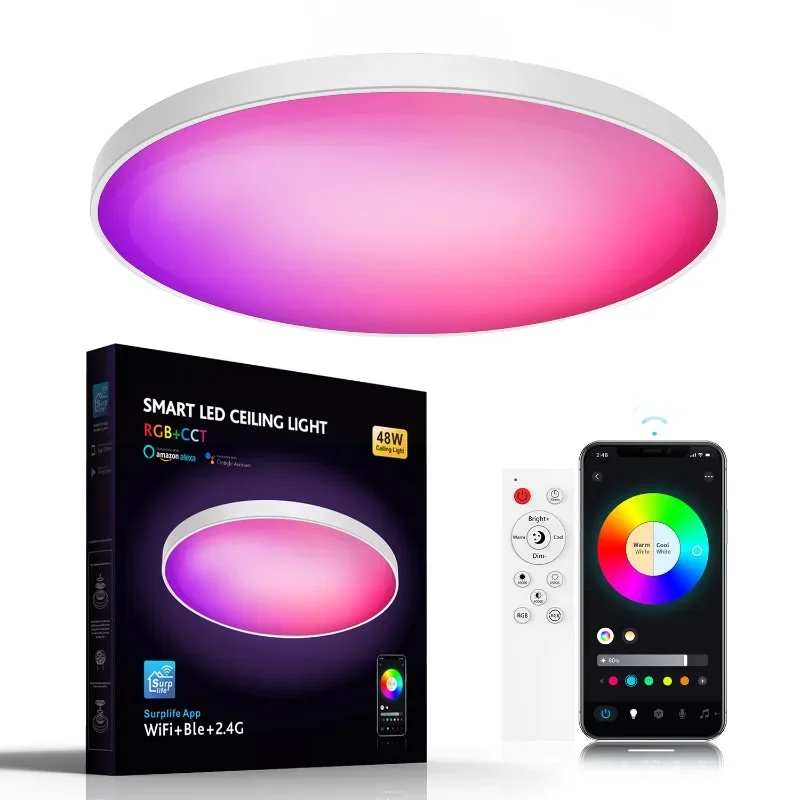 Smart wifi Bluetooth remote control dimming and color matching google voice modern minimalist lens round 48W ceiling lamp