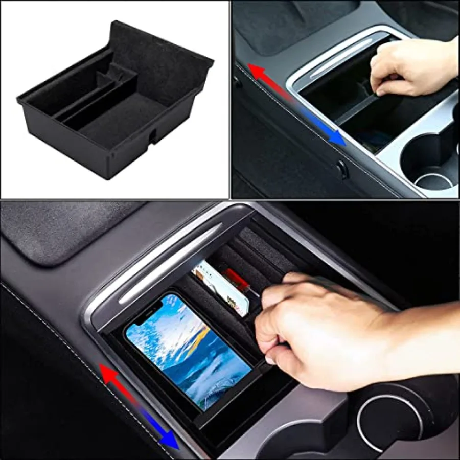 4 PCS Center Console Organizer and Cup Holder Insert Compatible With 2021-2023 Model 3 2021-2024 Model Y, Flocked/Silica Rubber