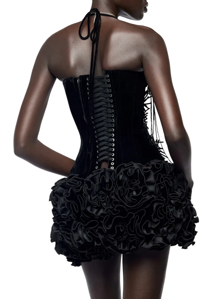 المرأة مثير الرسن عارية الذراعين جلد زهرة سوداء صغيرة قطعتين تنورة ضمادة مجموعة 2025 المشاهير مصمم أزياء المرأة مجموعة #2