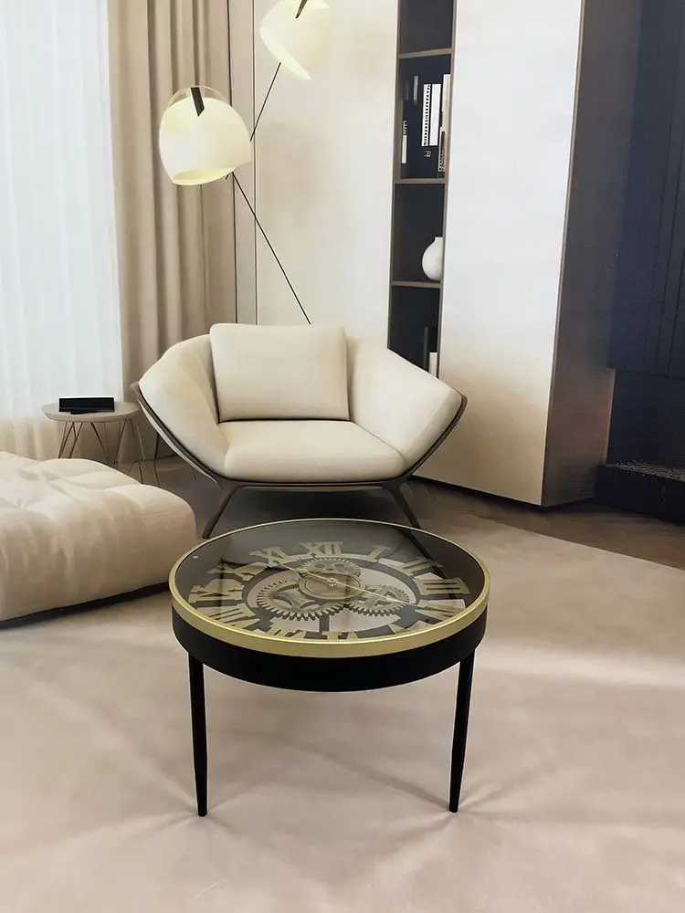 Retro clock coffee table Nordic Light Luxury Small living room layout Creative coffee table High end glass coffee table