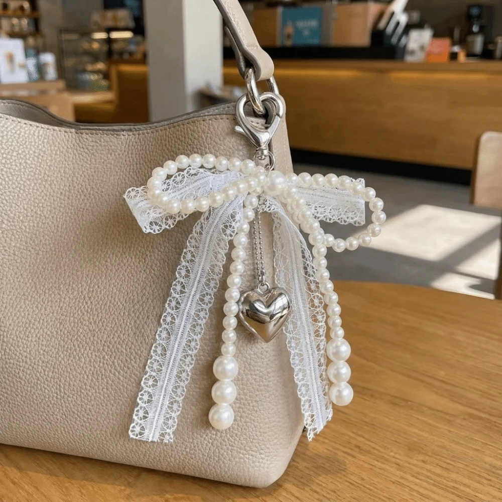 Sweet Y2K Alloy Bow Bag Pendant Heart Clasp Lace Pearl Keychain Plastic Braided Chain Hanging Keyring Daily Use