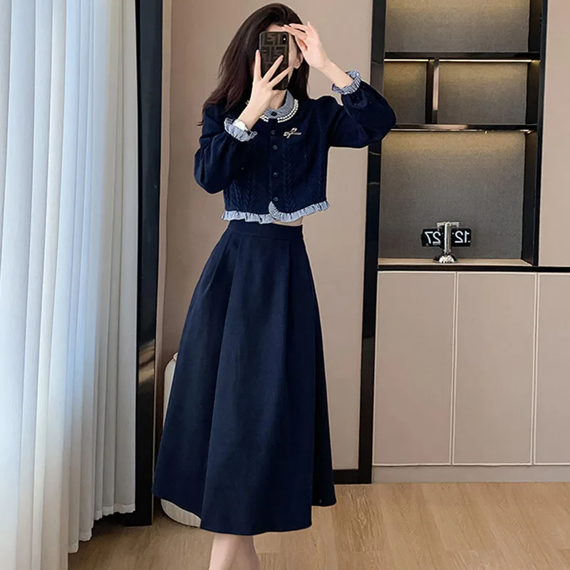 2023 Autumn Fashion Two Pieces Set Korean Women Vintage Ruffles Knitted splicing Shirt Top + A-Line Midi Skirts Elegant Outfits