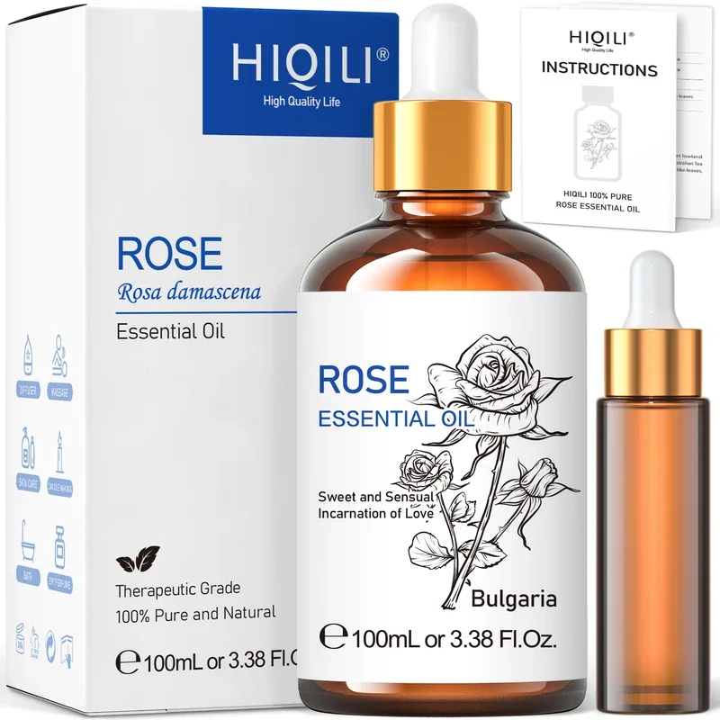 HIQILI 100ML Rose Essential Oil,100% Pure Floral Oil for Aromatherapy, Diffuser, Humidifier, Burner, Massage, Bath,DIY Frageance