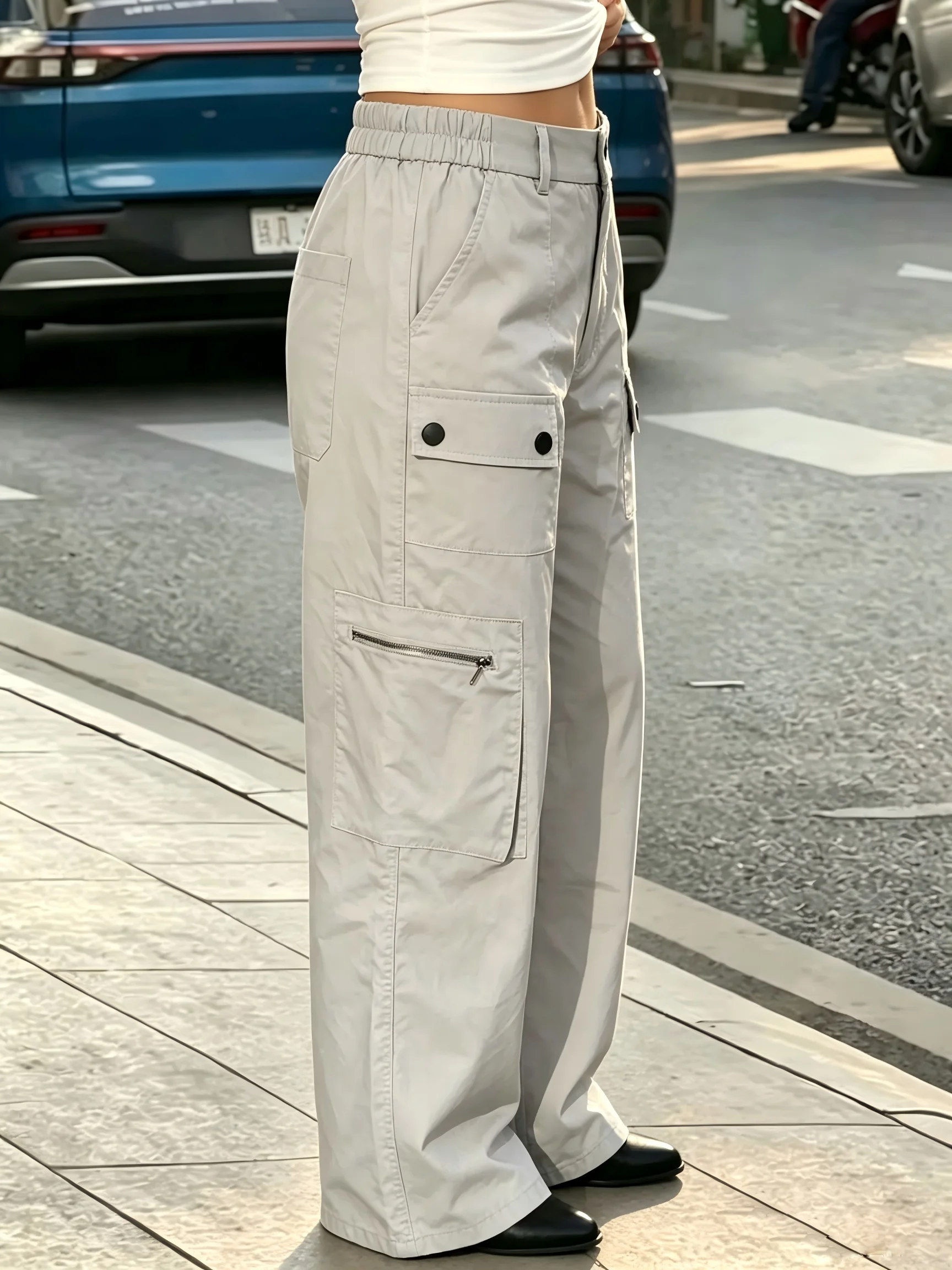 Women's Multi Pocket Cargo Pants Half Elastic Waist Button Zipper Pocket Wide Leg Loose Trousers Streetwear Casual Pants