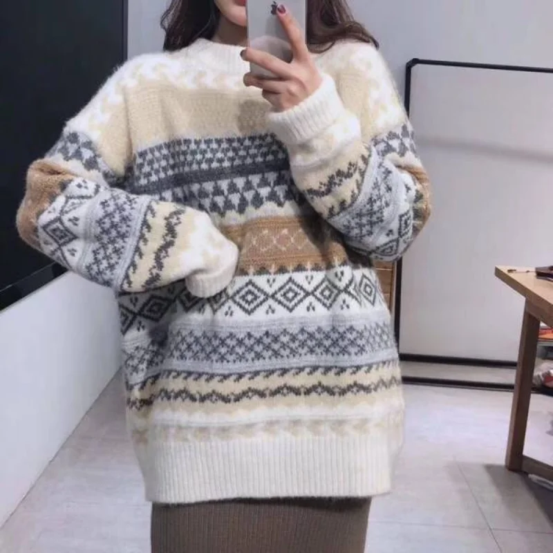 New Vintage Sweater Women\'s Pullover Winter Striped Pullover Korean Version Loose Pullover Knitted Casual Loose Sweater Women