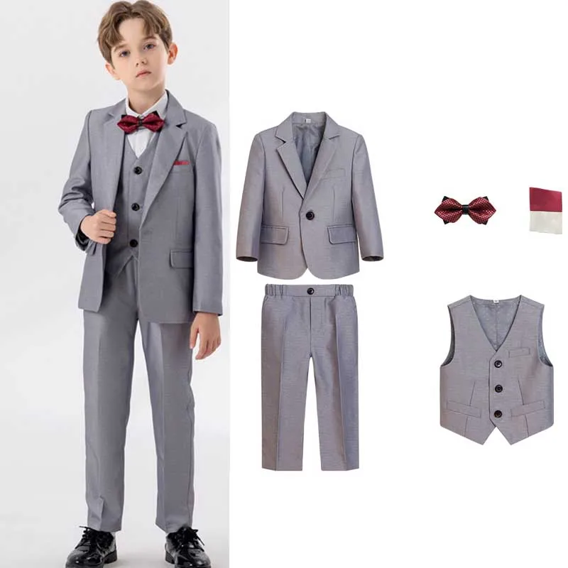 

Flower Boys Gary Blue Jacket Vest Pants Bowtie 4PCS Piano Party Dress Kids Ceremony Photograph Suit Children Performance Costume