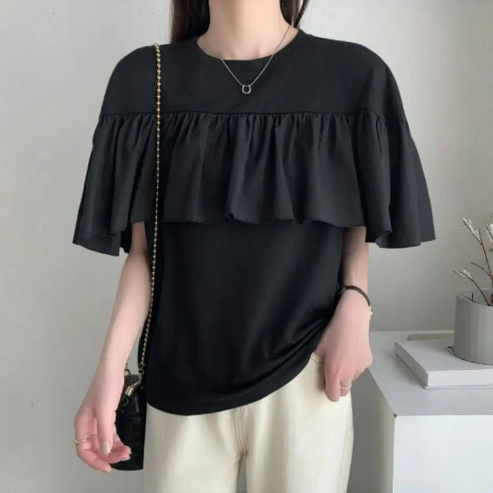 

Women Summer T-shirt Elegant Round Neck Short Sleeve Tops Solid Color Stretchy Irregular Ruffled Splicing Tee Top Streetwear