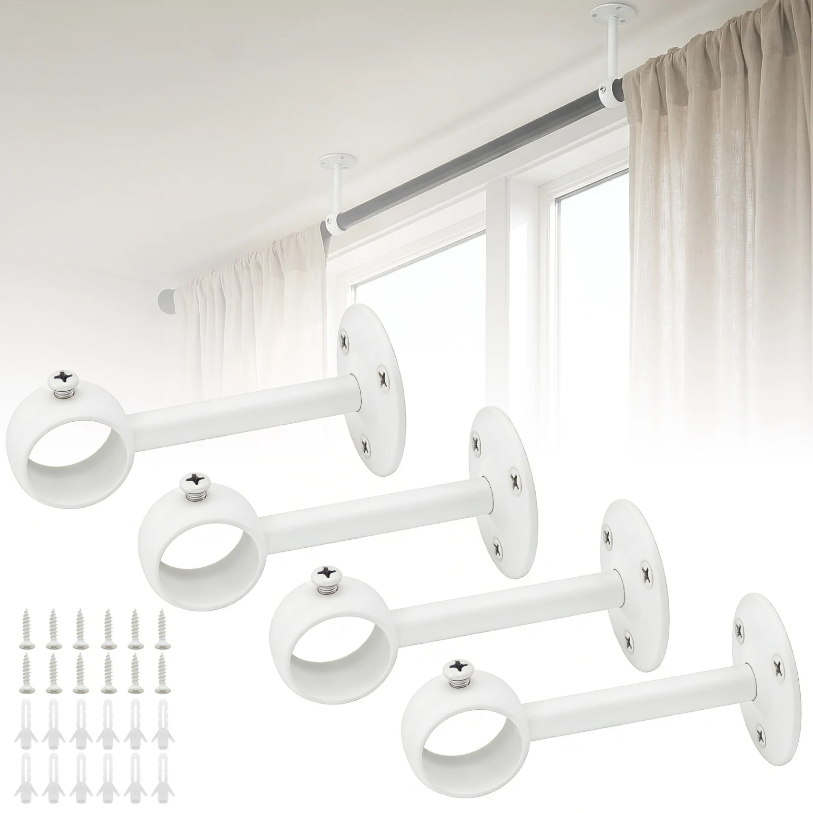 4Pcs Curtain Rod Bracket Holder Heavy Duty Stainless Steel White Ceiling Curtain Rod Holder Rack For Livingroom Bedroom Bathroom