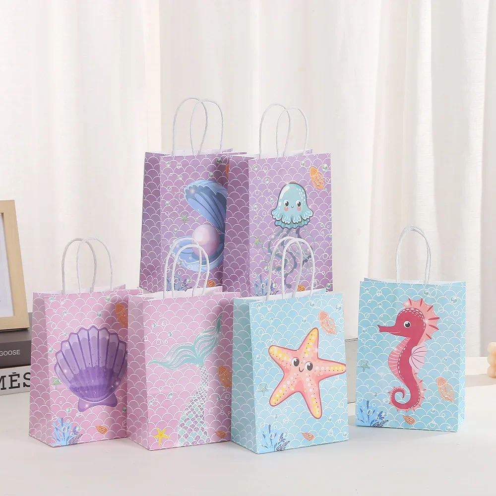 6 sacchetti per confezioni regalo in carta a tema oceano cartone animato, conchiglia di sirena, caramelle, biscotti, per ragazza, compleanno, baby shower, decorazione per feste