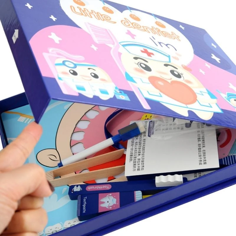 090B 1 Set Children Dentist Pretend Role for Play Early Educational Baby Brushing Teeth for Protection Wooden Kids Birthday