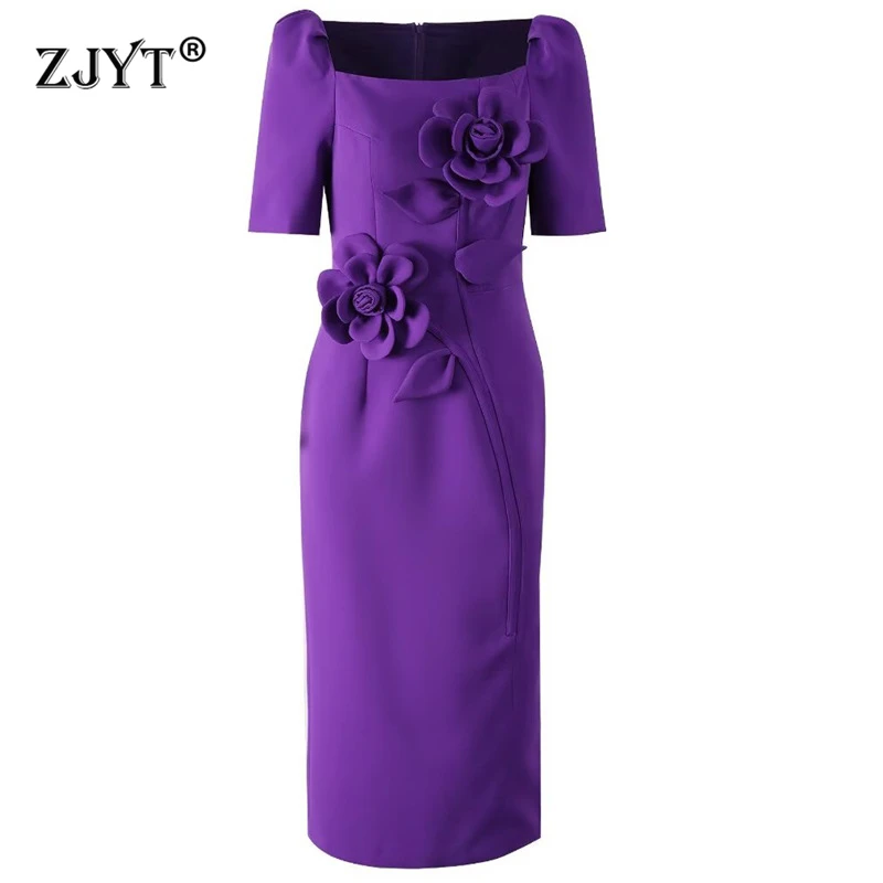 

ZJYT Designer Elegant 3D Appliques Purple Midi Dresses for Women Square Collar Solid Straight Evening Party Dress Spring 2025