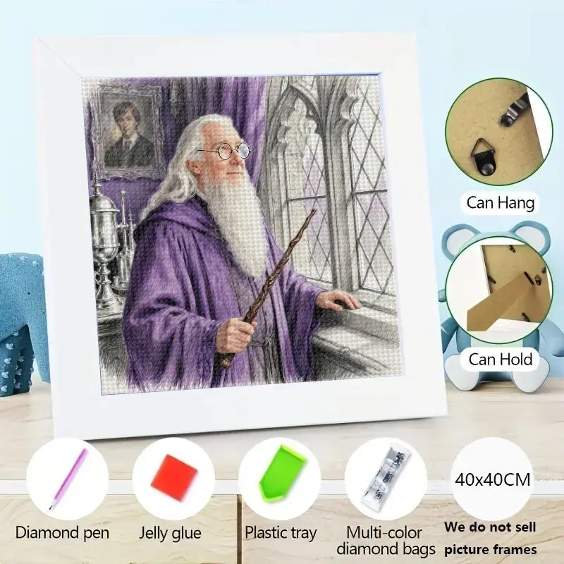 Kit de pintura de diamante de Harry Potter de Albus Dumbledore, taladro completo 5D, artesanía de arte del mundo mágico de mago DIY, bata morada y varita para personas mayores, 1 ud.