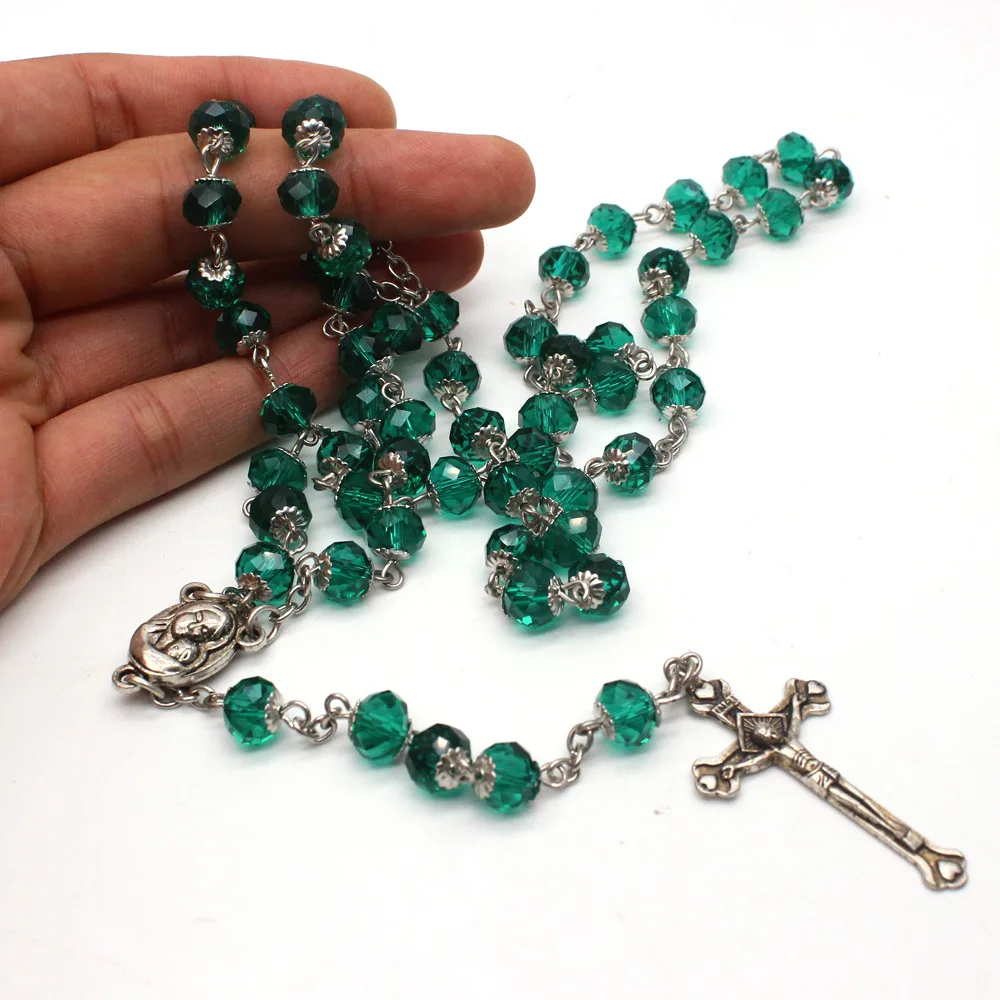 CR037 Green Rosary Beads Acrylic Natural Stone Catholic Necklace High End Cross Bitter Like Christian Religio