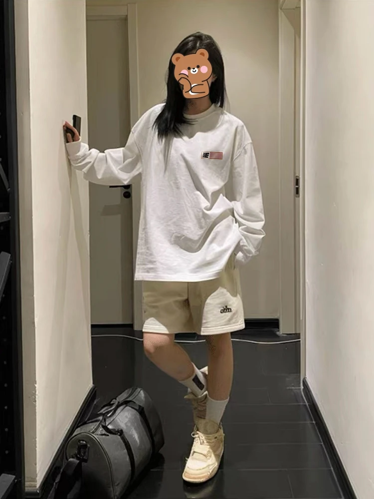 プラスサイズアメリカンスタイル長袖ピュアコットンTシャツルーズフィットレディースファッション初秋カジュアルトップトレンディデザイン