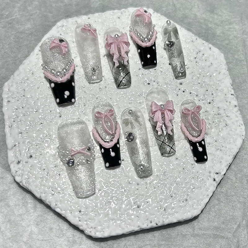 10 Pieces Lace Flutter French Bow Handmade Press On Nails Pearl Cat Eye Glitter Plaid Fake Nails Removable Reusable
