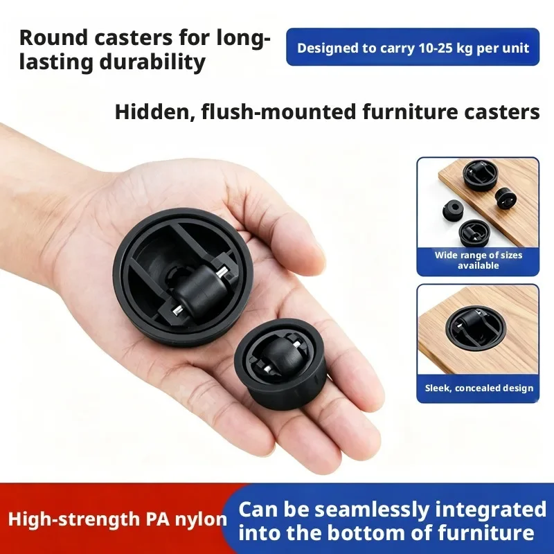 8 Pcs Invisible Universal Wheel Pulling Island Table Rotating Desk Furniture Cabinet Bracket Foot Embedded Hidden Pulley Black