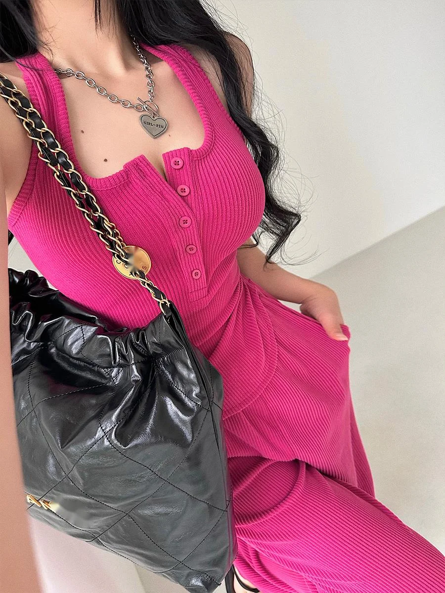 Sexy Girl TVVOVVIN Spicy Open Back Hanging Neck Tank Top High Waist Loose Wide Leg Pants Floor Dragging Pants Set Sweet 3AGY