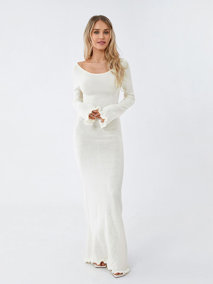 Women Long Sleeve Tie Backless Round Neck Ruffle Trim Long Dress Autumn  Winter Knit Solid Color Bodycon Dress Beige/Grey/White - AliExpress  200000345