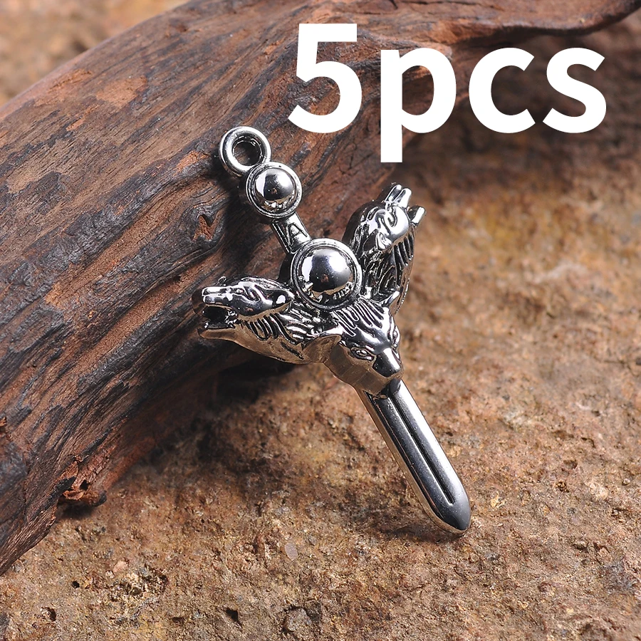 5-Piece Set of Niche Vintage Handmade Accessories, Embossed Three-Headed Wolf Sword-Shaped Pendant Accessories, Suitable for DIY Bracelets, Necklaces, Earrings, and Pendants, Niche DIY Jewelry Basic Materials