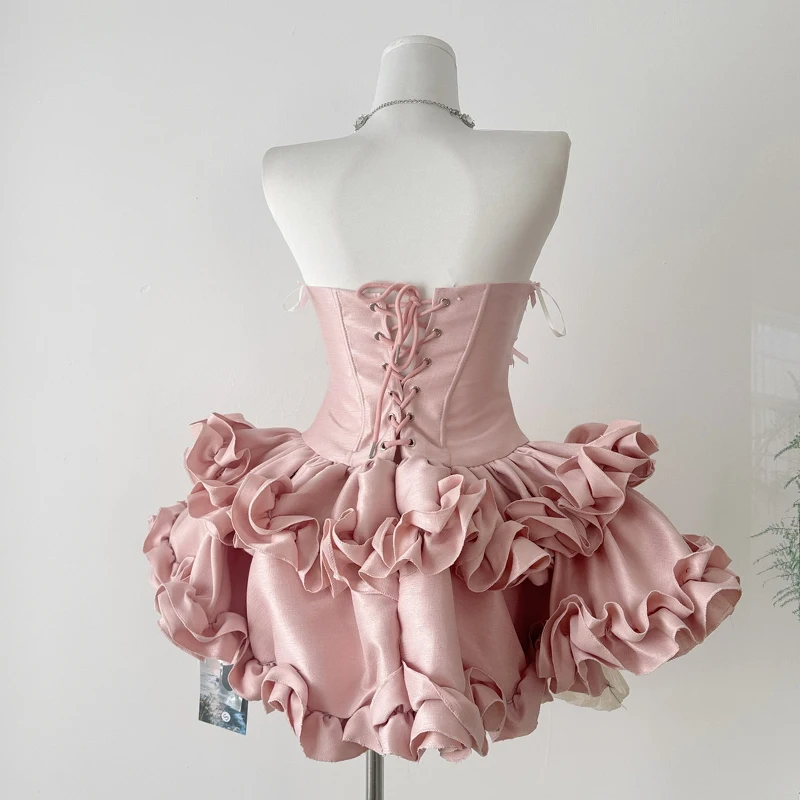 Sem alças fishbone bub mini vestido feminino elegante em camadas ruched festa vestidos curtos feminino cinched data vestido de princesa preto rosa