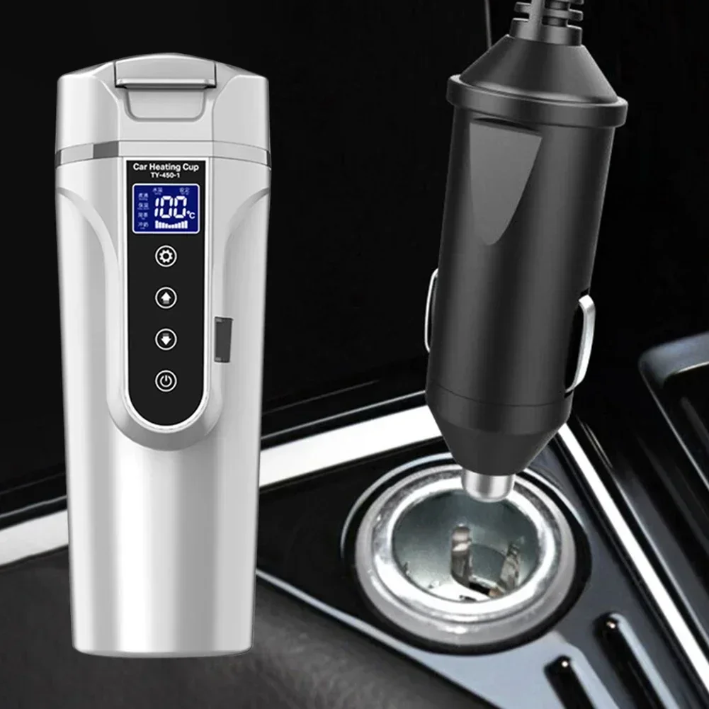 New 450ML Heat Preservation Portable 12V/24V Water Warmer Bottle Stainless Steel Electric Kettle Car Heating Cup LCD Display