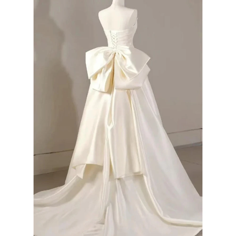 Satin Off-the-Shoulder Wedding Dress Women Elegant Ruched Bowknot Ball Gown Bridal Gown with Train Formal Evening Party Dress