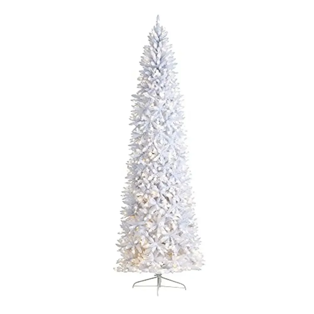 10ft. Slim Artificial Christmas Tree with 800 Warm White LED Lights Bendable Branches Seasonal Décor Accent Metal Stand