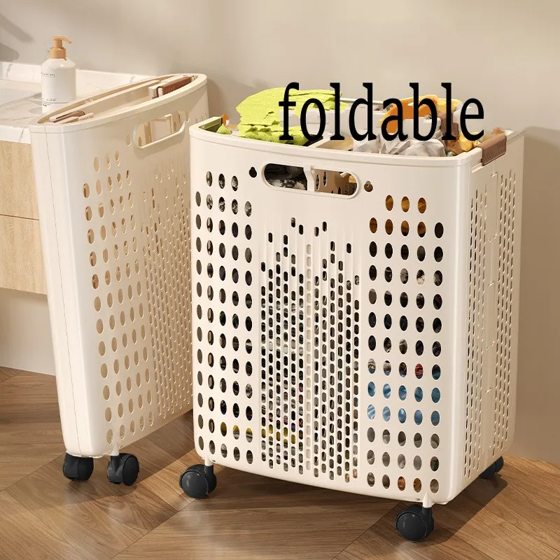 

Foldable Laundry Basket Cream Grey Large Capacity with Wheels Japanese Style Home Bathroom Dirty Clothes Storage Basket