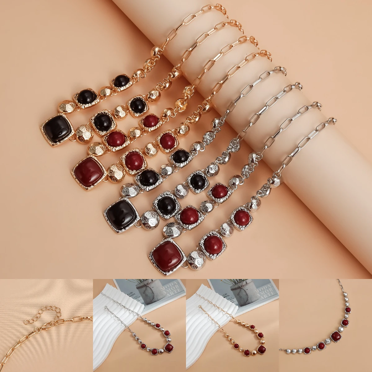 Cross border high-end metallic collarbone chain, vintage collision gold geometric square necklace accessory