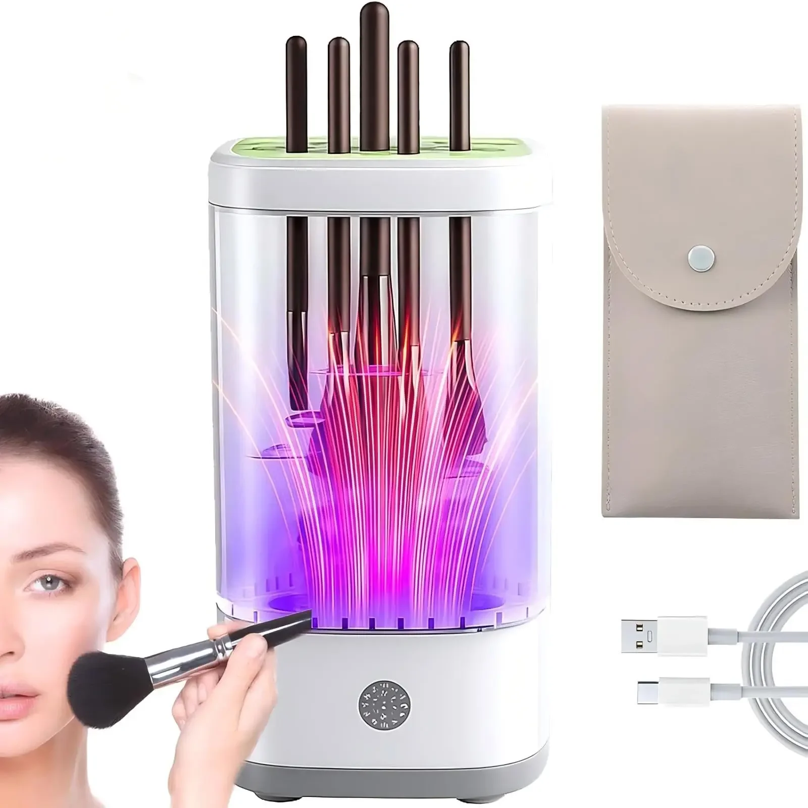 Elektrischer Make-up-Pinselreiniger mit Trocknungsfunktion, tragbare automatische Make-up-Pinsel-Reinigungsmaschine mit Trocknerhalter, Ladegerät, USB-C-Kabel