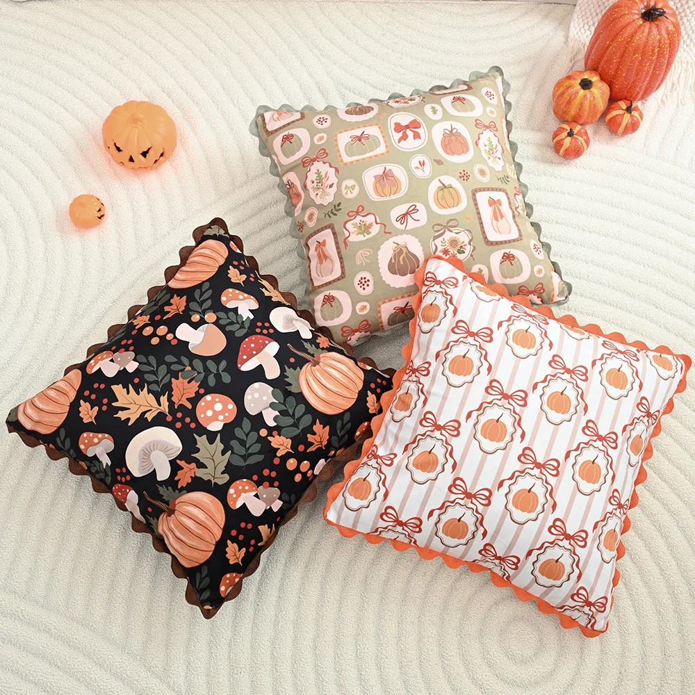 

Autumn Pumpkin Printed Cushion Cover Harvest Festival Decorative Pillowcase with Wavy Edges 45x45cm Velvet Home Decor
