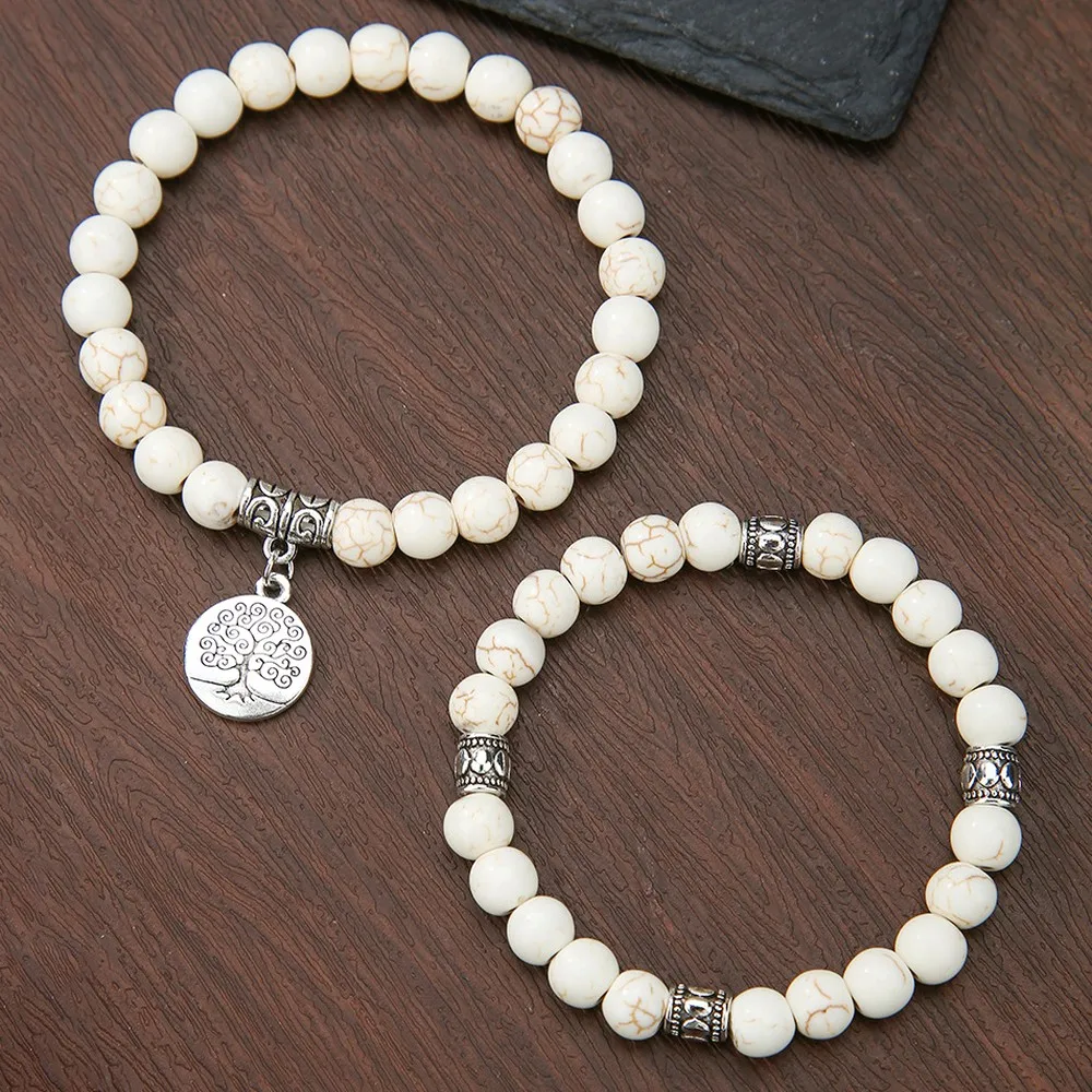 8mm White Green Turquoise Beaded Bracelet Tree of Life Pendant Jewelry 2 Piece Set for Women