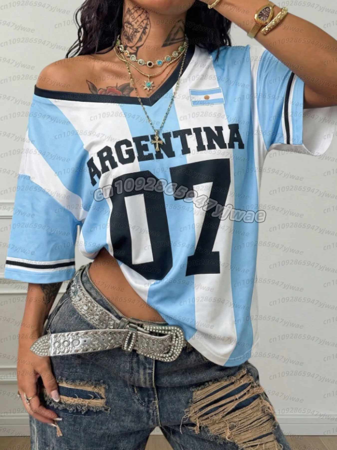 Camiseta Deportiva para Mujer con Estampado de Rayas de Argentina No.7, Cuello en V, Manga Corta, para Mujer, Niños, Hombres, Tallas Grandes, para Fanáticos del Fútbol