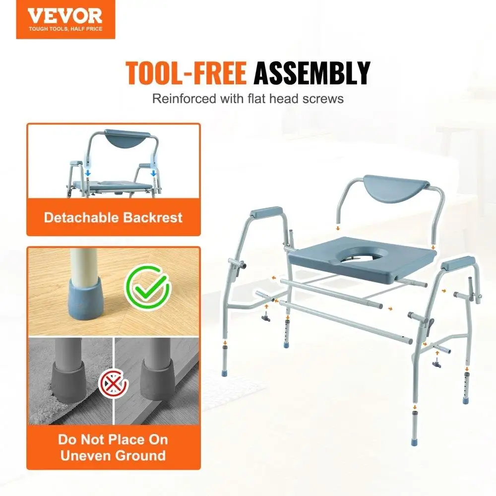 Portable Commode Chair with Drop-Down Arms and Detachable Backrest 5-Level Adjustable Height 7L Removable Bucket Easy Assembly