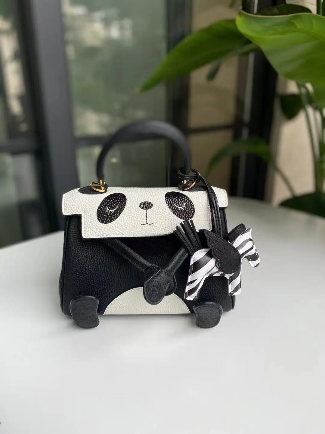 

Trendy Women's Crossbody Bag Handmade Small Panda Design Natural Cow Leather Litchi Pattern Handbag Fashionable Unique.YB