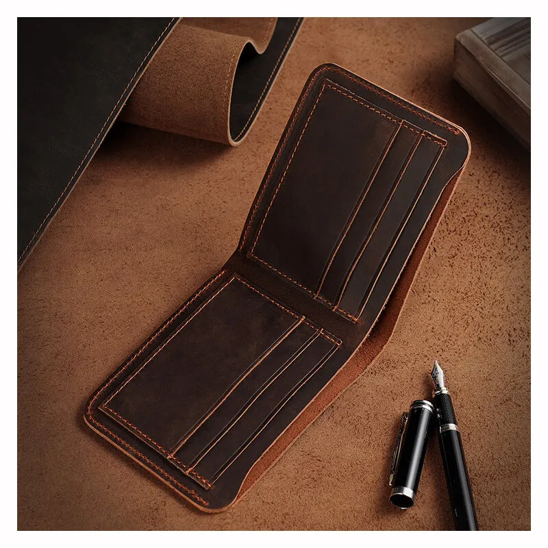 2025 NEW Retro Handmade Wallet Crazy Horse Leather Mens Simple Wallets Horizontal Bank Credit Card Holder Banknote Money Bag