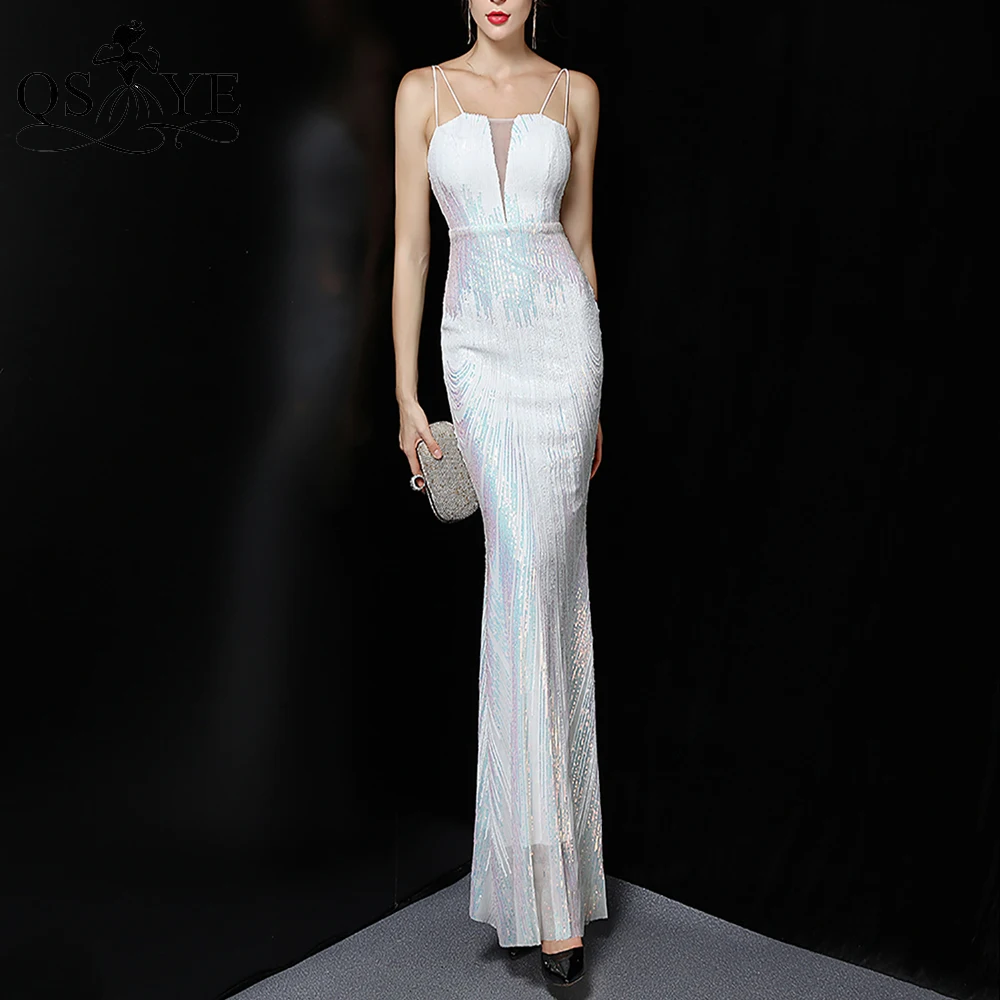 Abiti da sposa con paillettes scintillanti bianche spalline doppie abito da sposa lungo triangolo scollo a V aderente sirena donna abito da sposa Chic