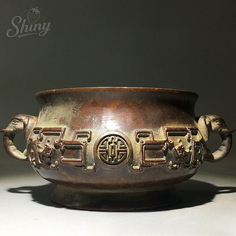 

Antique Red Copper Incense Burner Household Indoor Decorative Zen Sandalwood Carving Elephant Ear Incense Burner