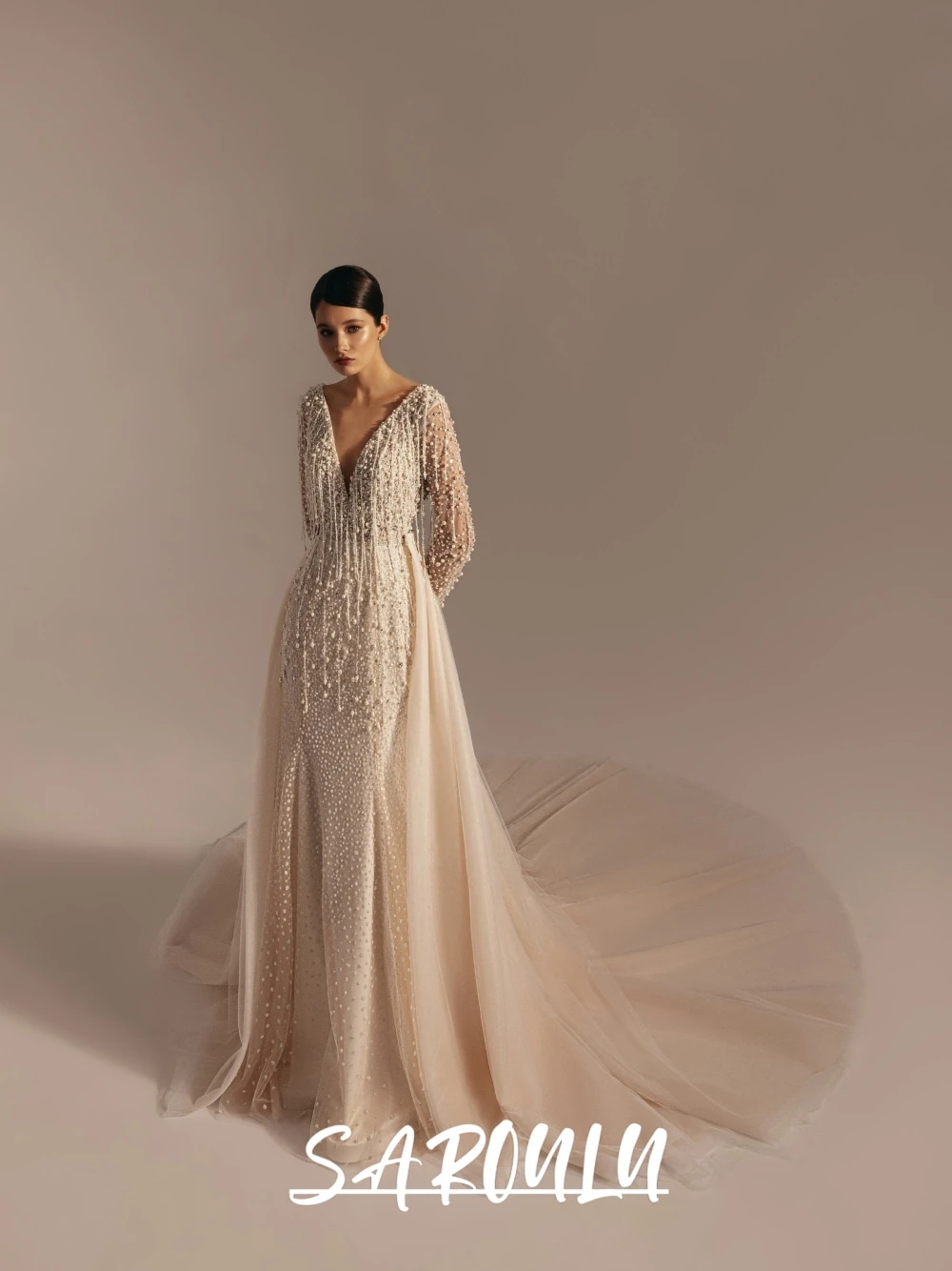 

Richly Pearls Tassel Dainty Wedding Dress Chic 2 in 1 Sexy Plunge Neckline Beautiful Bridal Gown Customized New Arrival
