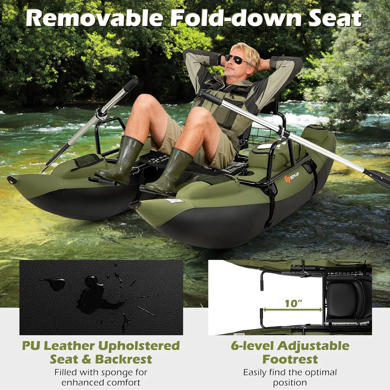 Adult Inflatable Belly Boat with Foldable Padded Seat, Adjustable Footrest, Pump, Paddles, Fish Ruler, Storage Basket, and Pockets – 400 lbs Load Capacity for Fishing and Angling view 6